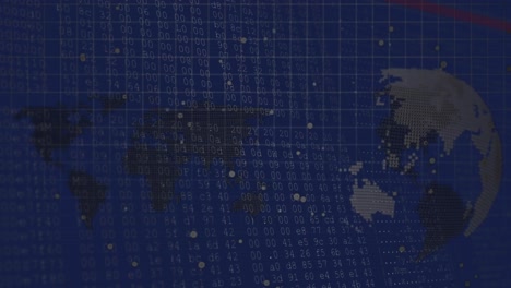 animación del procesamiento de datos sobre un globo giratorio y un mapa del mundo contra un fondo azul.