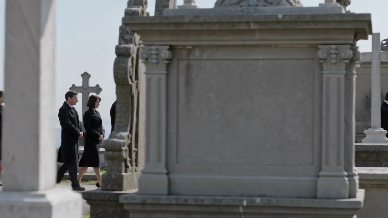 Dolenti che camminano in cappotti scuri si muovono in fila indiana su un sentiero del cimitero oltre un mausoleo, con il funerale che sta per iniziare.