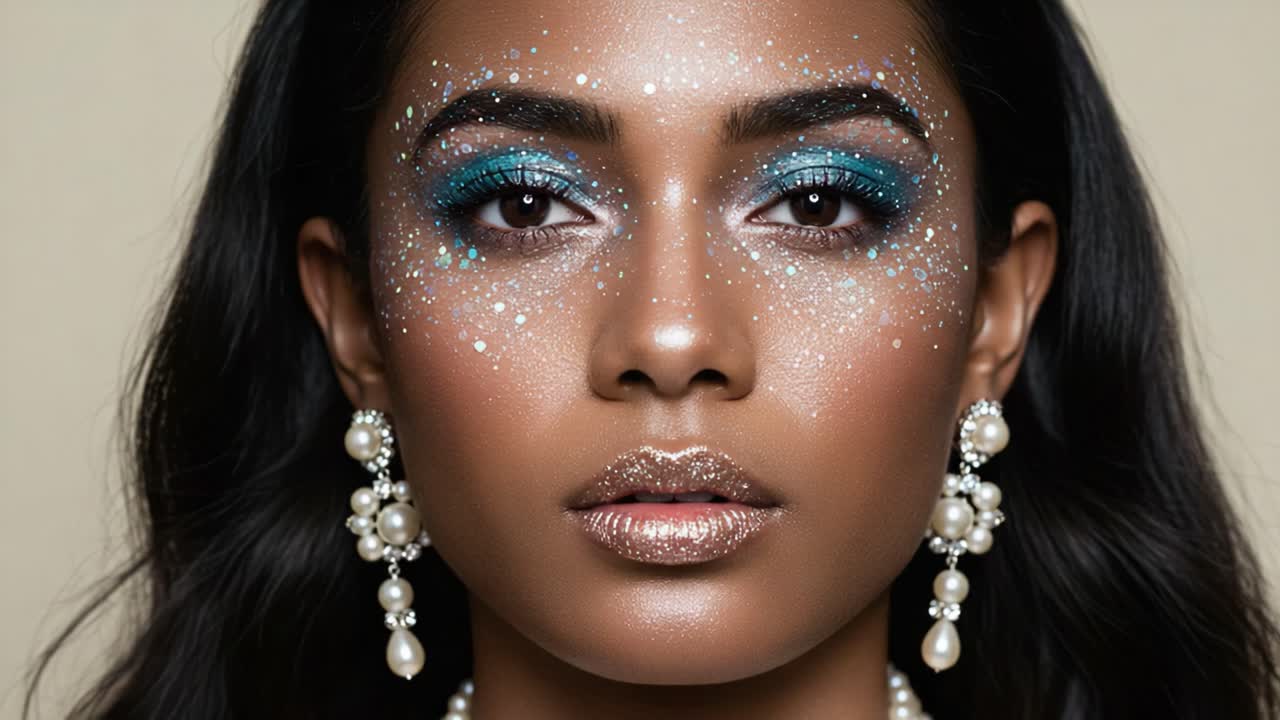 A Stunning Close-Up of a Model Showcasing Glittering Makeup and Elegant Accessories, Captivating Audience with Radiant Beauty and Striking Features