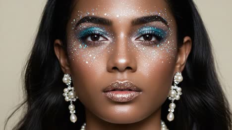 a stunning close-up of a model showcasing glittering makeup and elegant accessories, captivating audience with radiant beauty and striking features