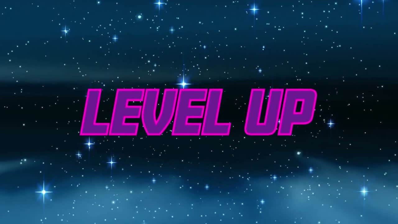 추상적인 배경에 반이는 별과 함께 레벨 업 텍스트의 애니메이션