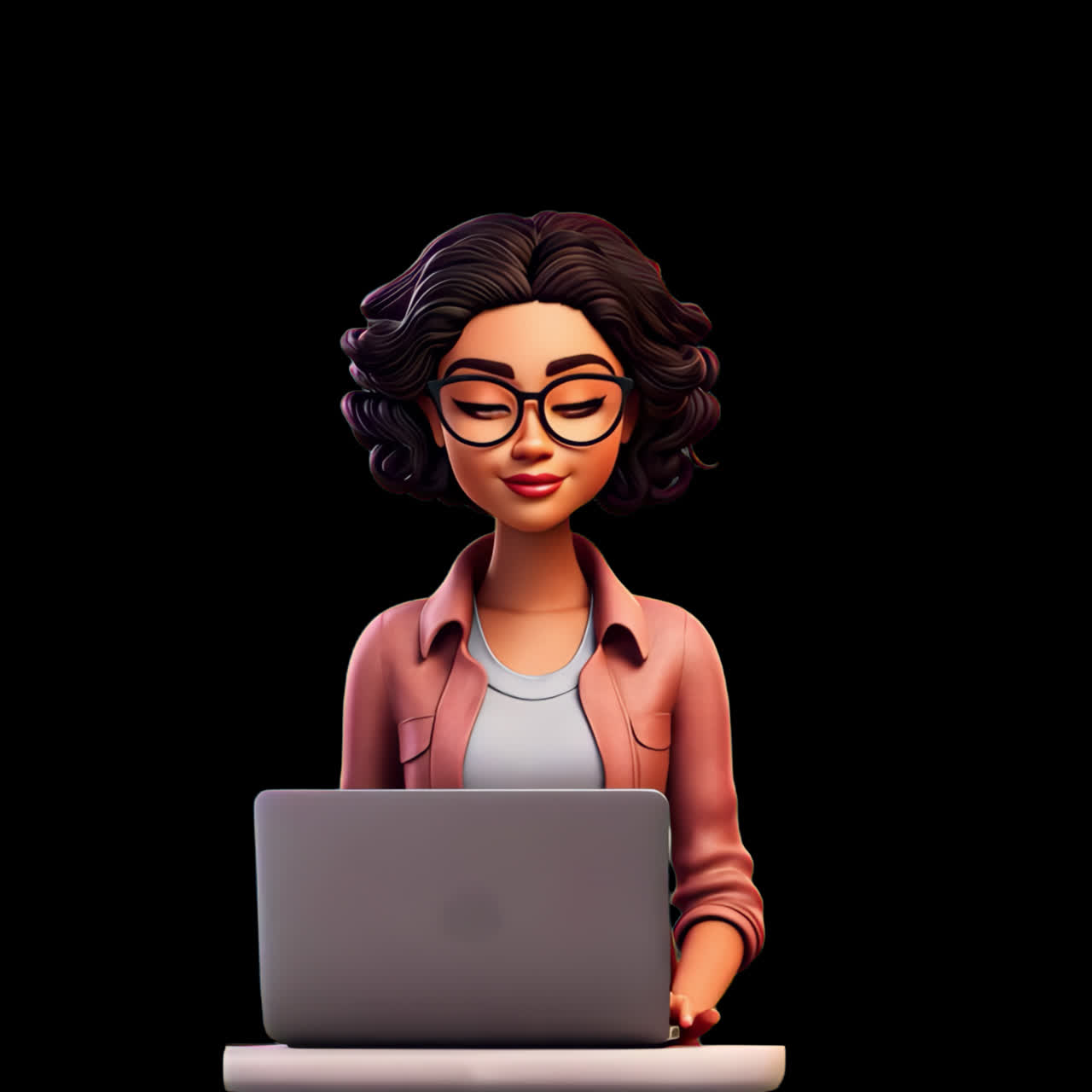 Animated woman using laptop animation isolated asset, transparent 4K video, alpha channel, ProRes