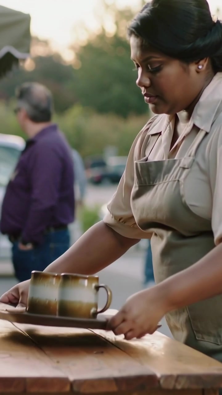 Vertical video: Entering market vendor in apron with tray placing mugs to serve guests, copy space