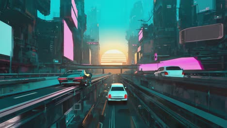 futuristic cityscape at sunset with neon lights