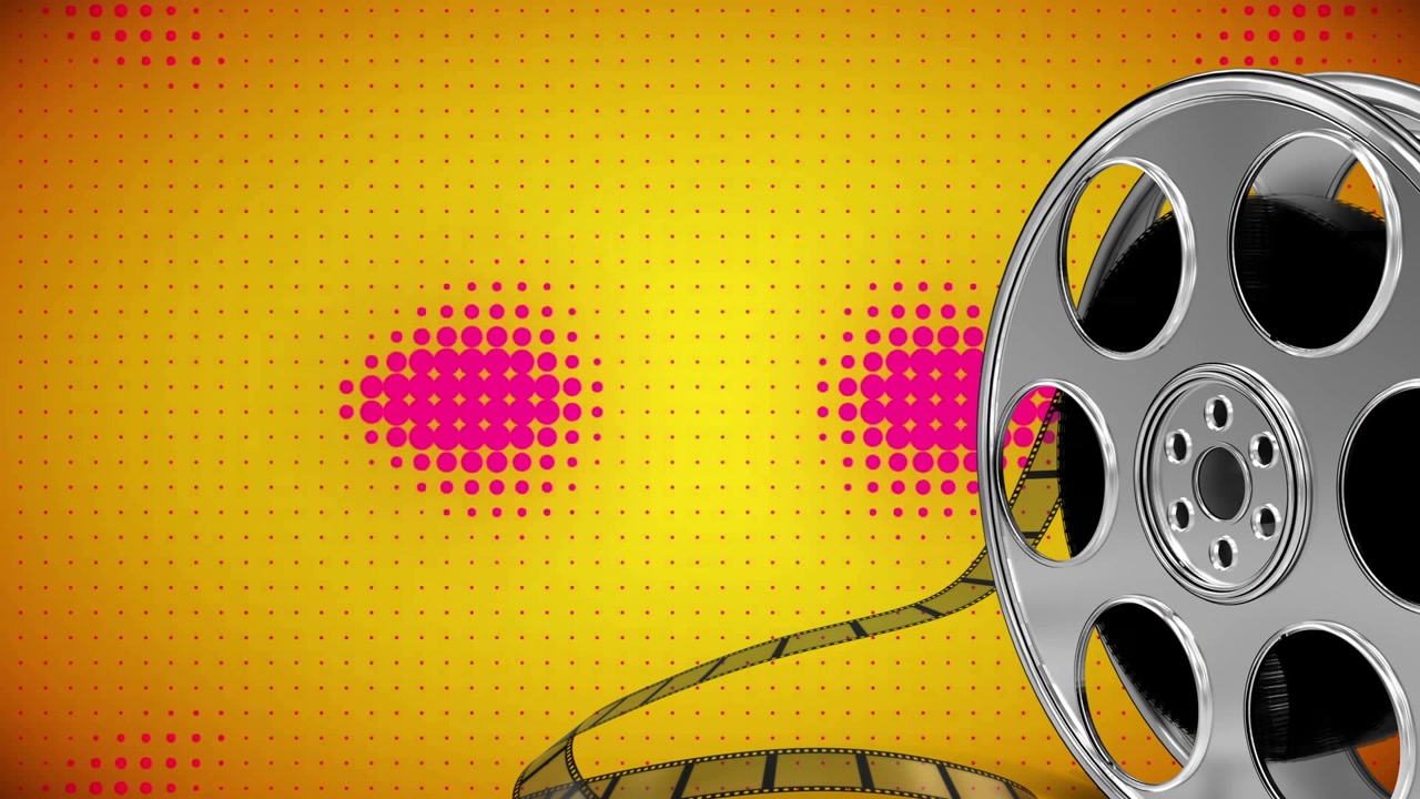 Vintage Film Reel Spinning Against a Pop Art Background