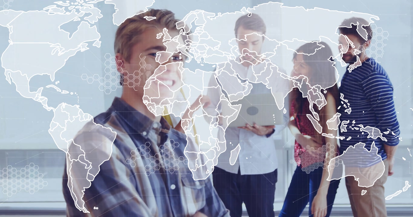 Tech team around laptop discussing data, world map evolving to network nodes showing connectivity