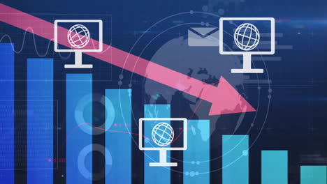 Animation-of-globe-in-computer-icons-over-arrow-on-falling-graphs-over-globe-and-bars