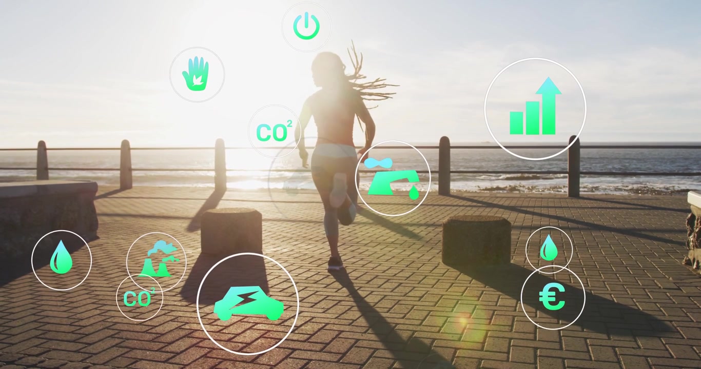 Corredora iniciando corrida de fitness, correndo em direção ao trilho e ao horizonte enquanto ícones HUD verdes se movem