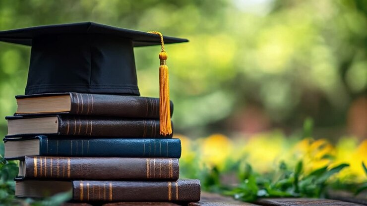 Graduation cap on stack of books