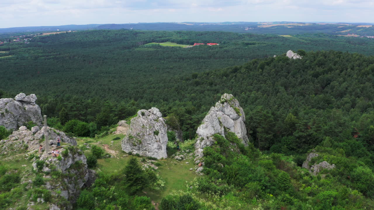 Aerial View of Majestic Rock Formations in a Lush Green Forest