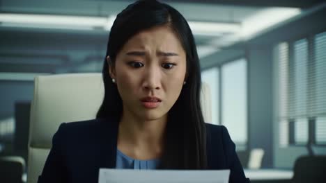 A woman in professional attire sits at a desk in a modern office, looking troubled as she reads a document. The atmosphere conveys anxiety and urgency during a work-related moment.