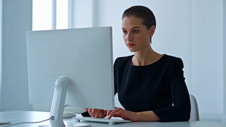 Una donna seduta alterna tastiera e mouse a una postazione di lavoro bianca, mantenendo una postura concentrata mentre la luce del giorno riempie una stanza moderna e pulita con un grande monitor in primo piano.