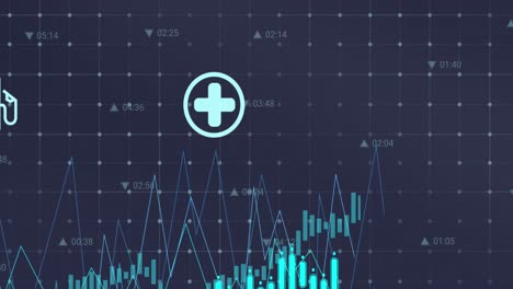 Animation-Mehrerer-Digitaler-Symbole-Und-Datenverarbeitung-über-Ein-Gitternetz-Vor-Blauem-Hintergrund