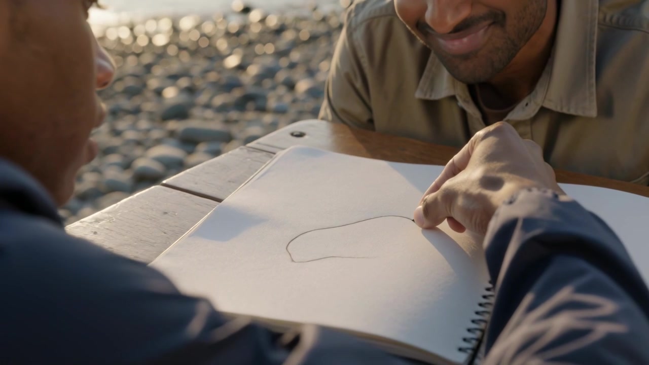 Leaning right khaki-shirt man, left man tracing spiral book showing drawing at beach, laughing