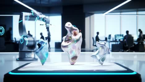 in a modern office, robotic arms manipulate abstract 3d models, showcasing advanced technology.