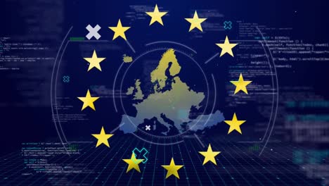 Animación-De-La-Bandera-De-La-UE-Sobre-Procesamiento-De-Datos-Y-Mapa-De-Europa.