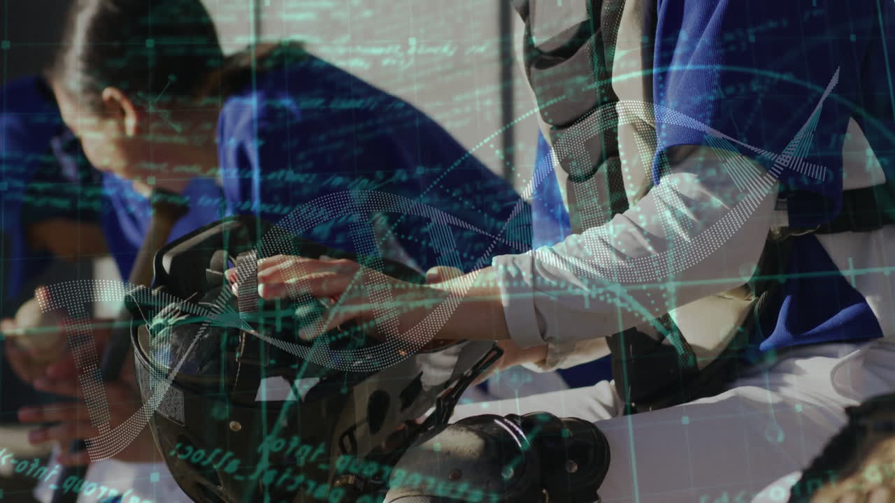 Robotic technology and data processing animation over people working with machinery