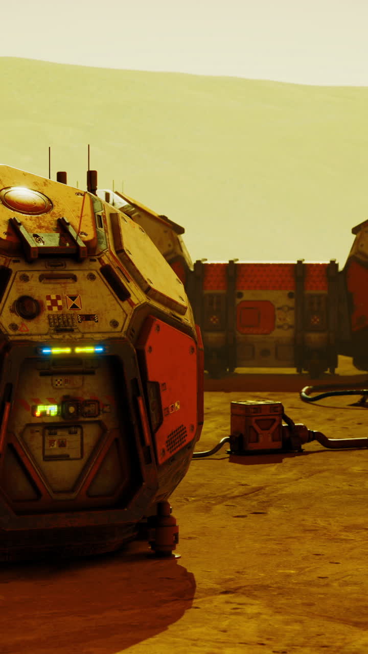 Mars habitat modules connected by systems on the surface during sunset