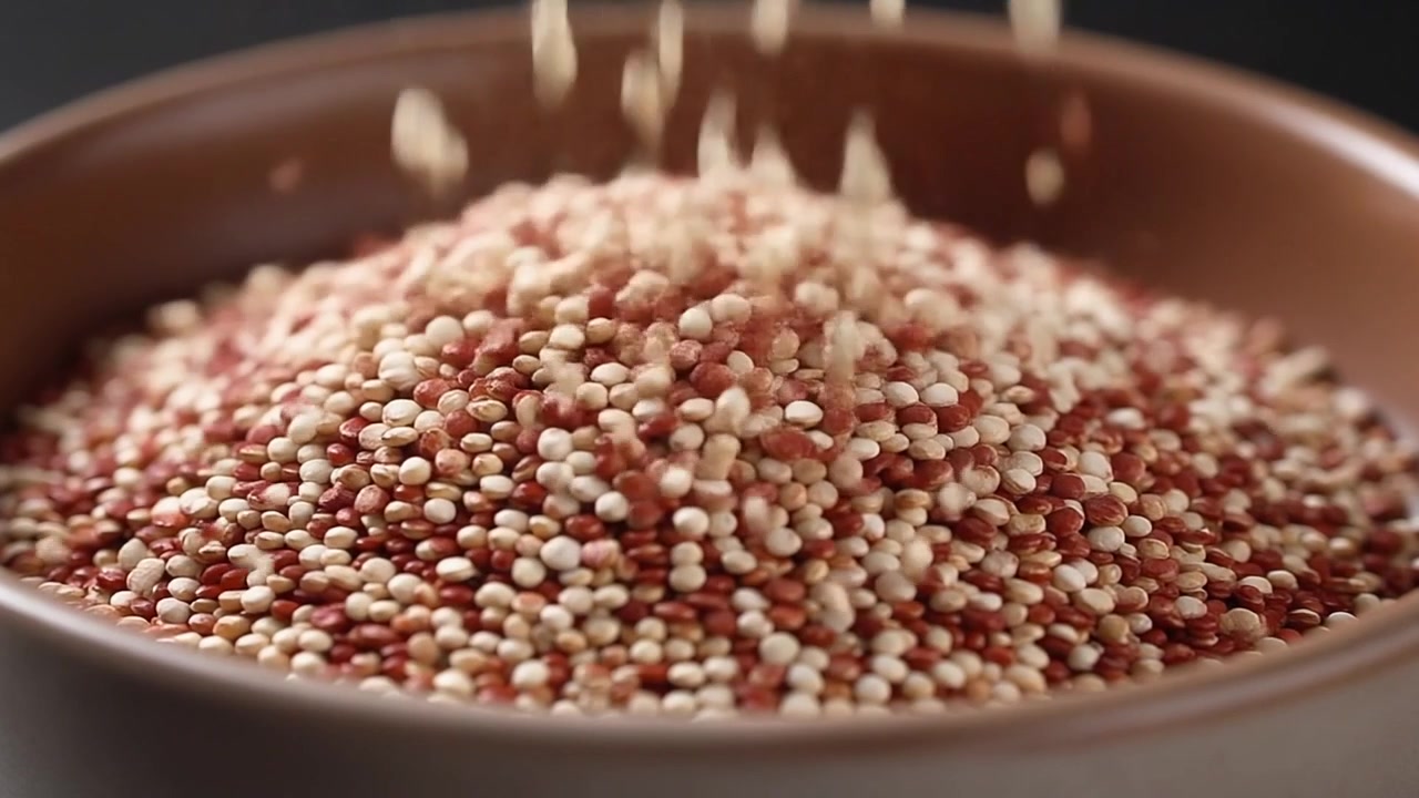 Tricolor Quinoa Grains Pouring into a Ceramic Bowl