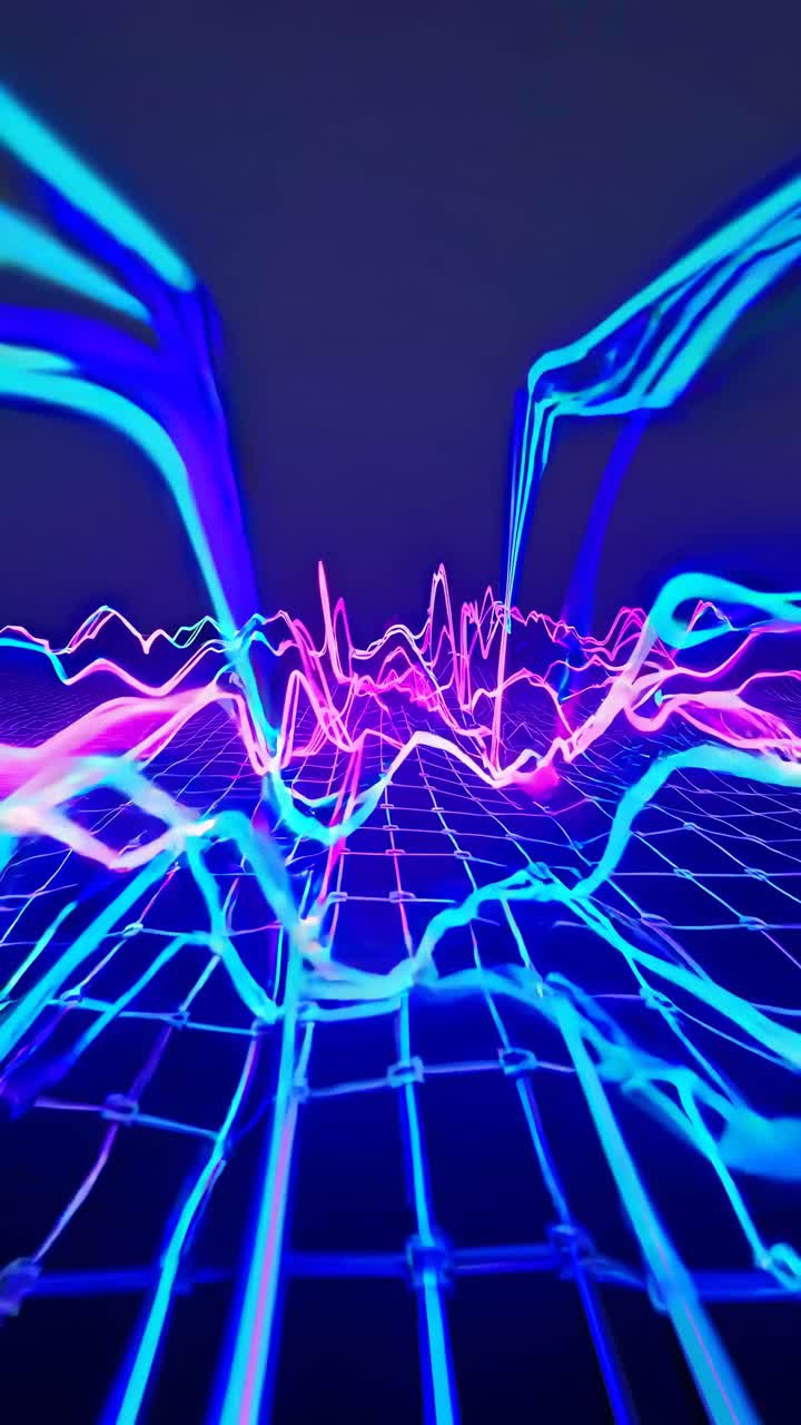Concept video futuristico con onde wireframe blu neon. La vista dal basso enfatizza profondità e movimento