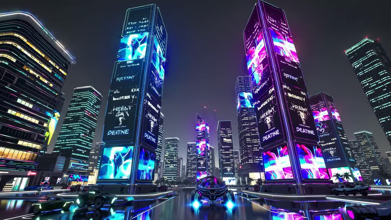 paisaje urbano futurista por la noche con luces de neón y vallas publicitarias digitales