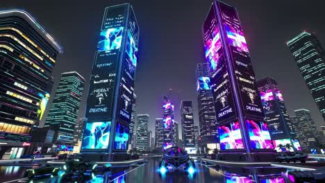 futuristic cityscape at night with neon lights and digital billboards