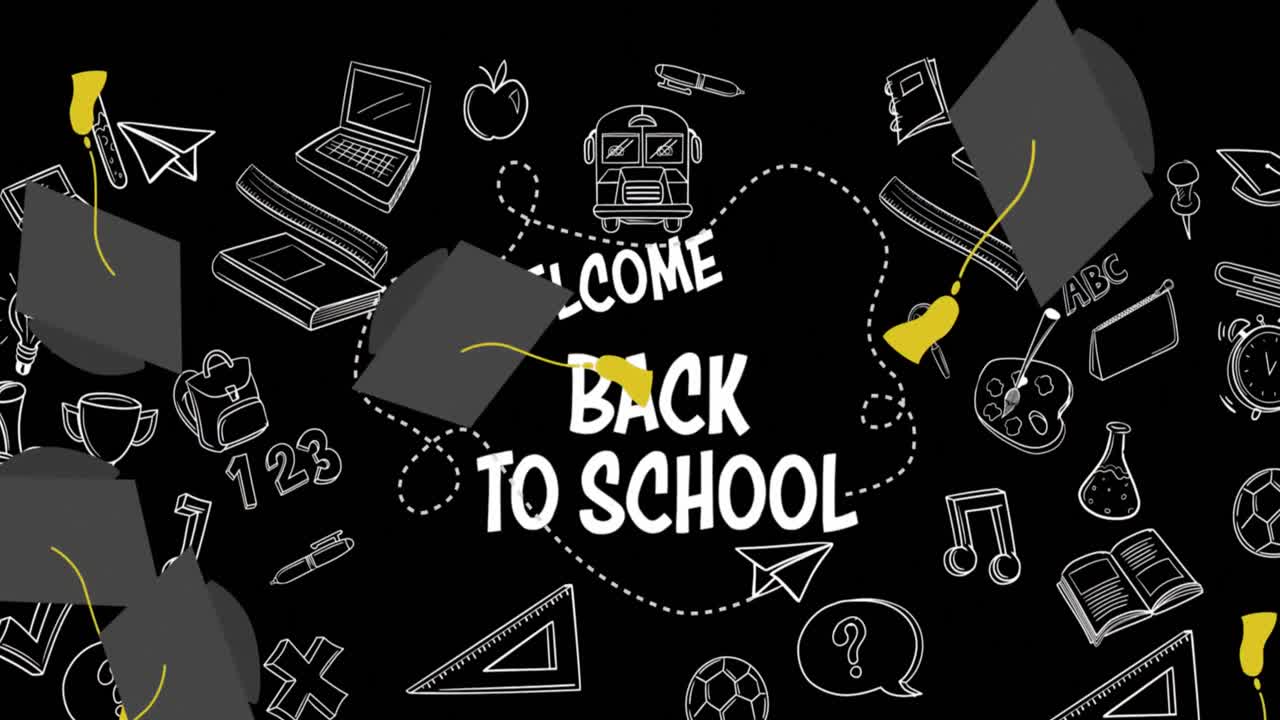 졸업 모자가 떨어지는 애니메이션 학교 판매 텍스트 배너와 학교 개념 아이콘