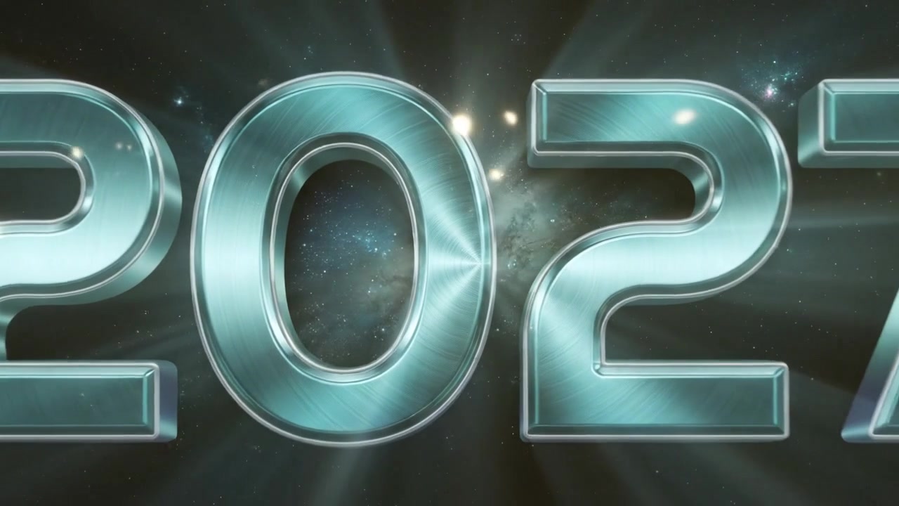 Animazione del numero Anno Nuovo 2027 ciano con tipografia al neon su sfondo scuro