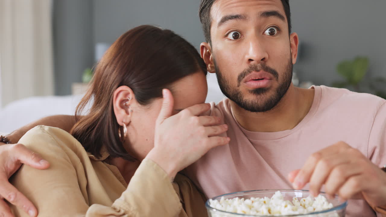 겁에 질린 부부가 tv를 보고 있습니다.