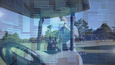 adult male golfer standing in golf cart fairway, handling club, displaying tech code overlays