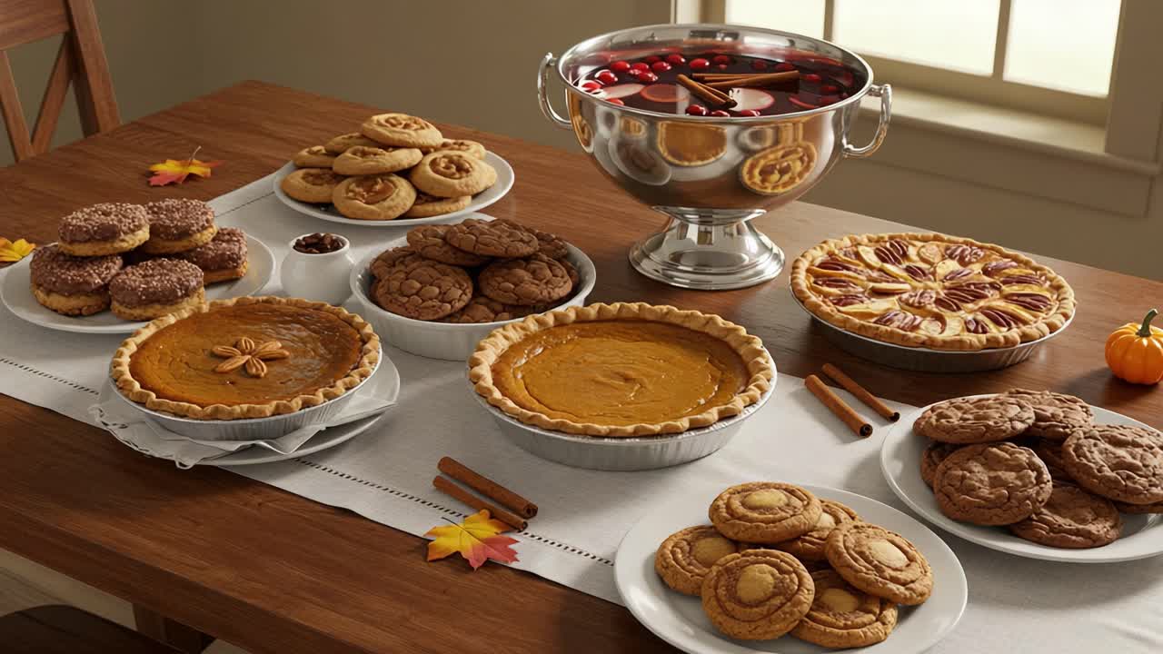 A festive fall dessert spread with pies, cookies, and punch
