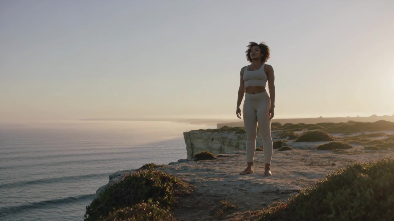 La telecamera si stringe su una donna a piedi nudi in abbigliamento sportivo in piedi su una scogliera che scruta l'oceano al tramonto, preparandosi.