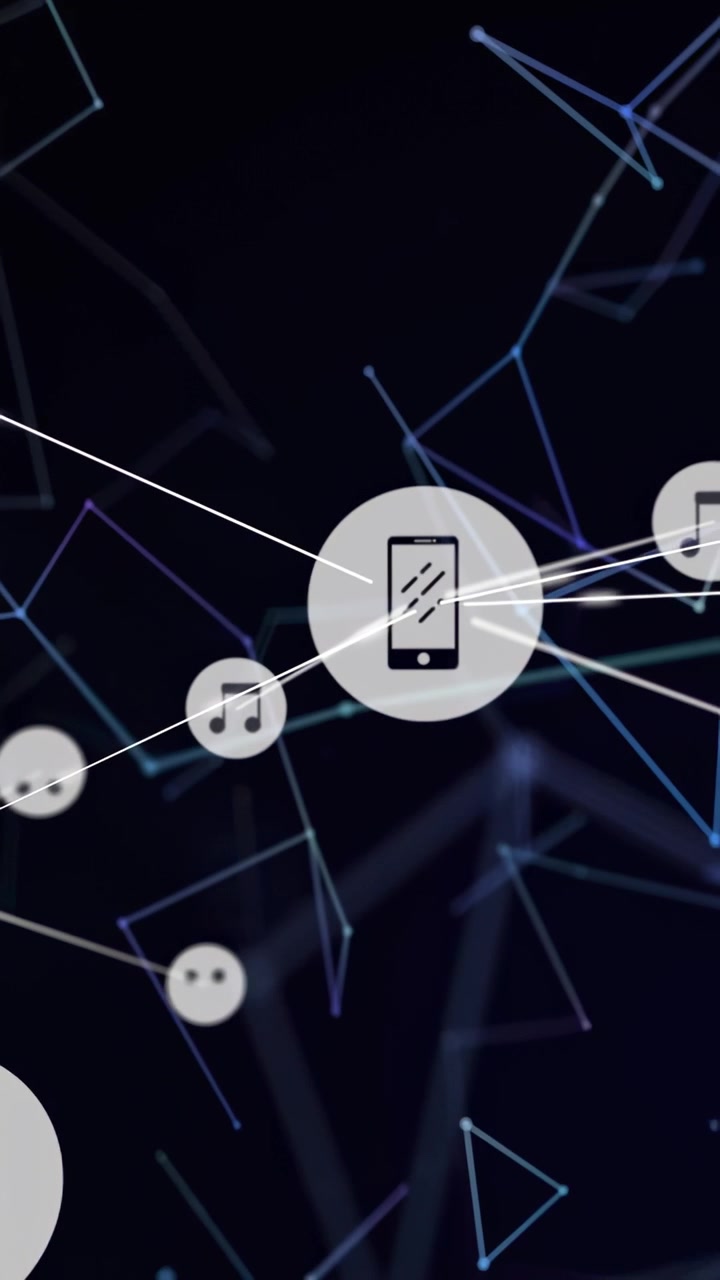 Pionowe wideo: Centralny węzeł telefoniczny wysyła impulsy, łącząc ikony muzyczne, tworząc sieć technologiczną.