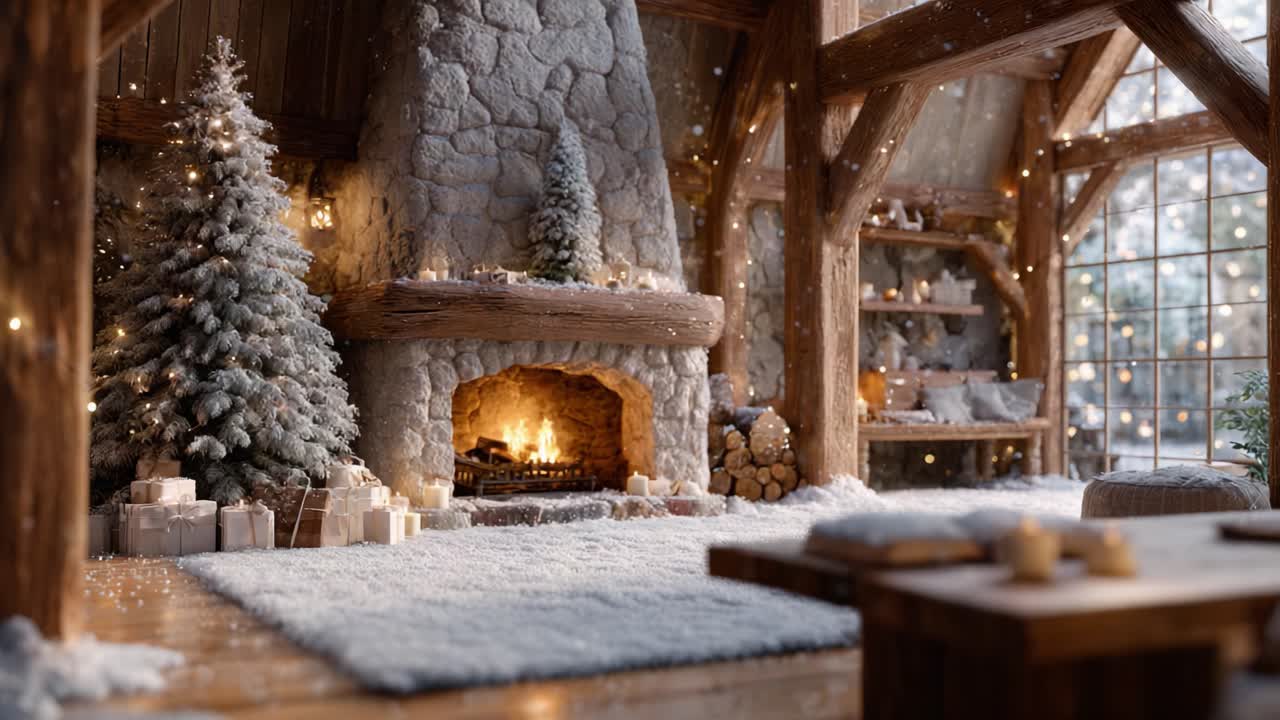 A Cozy Winter Wonderland: A Beautiful Stone Fireplace Surrounded by Snowy Christmas Decor in a Rustic Cabin Setting with Twinkling Lights and Holiday Cheer