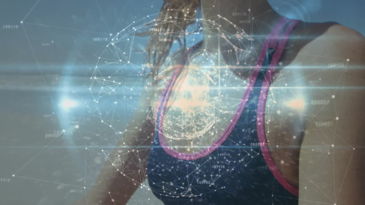 Digital network and data processing animation over person in reflective pose