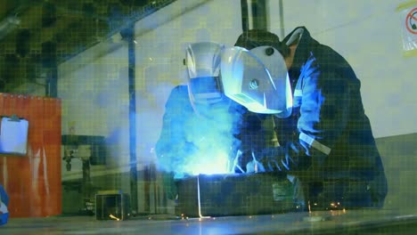 animation of mesh over male engineers welding