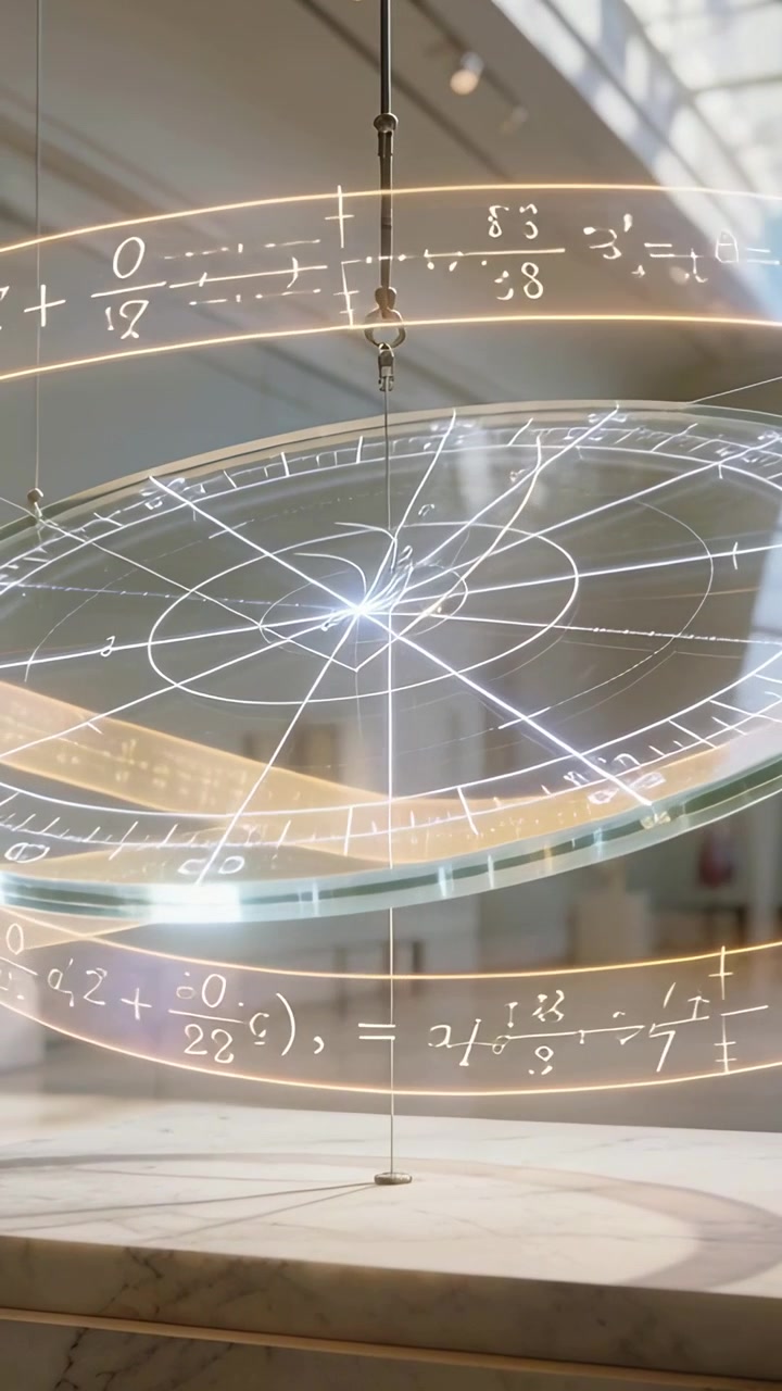 Vertical video: Rotating glass disc hanging from rod in museum above plinth projecting math rings