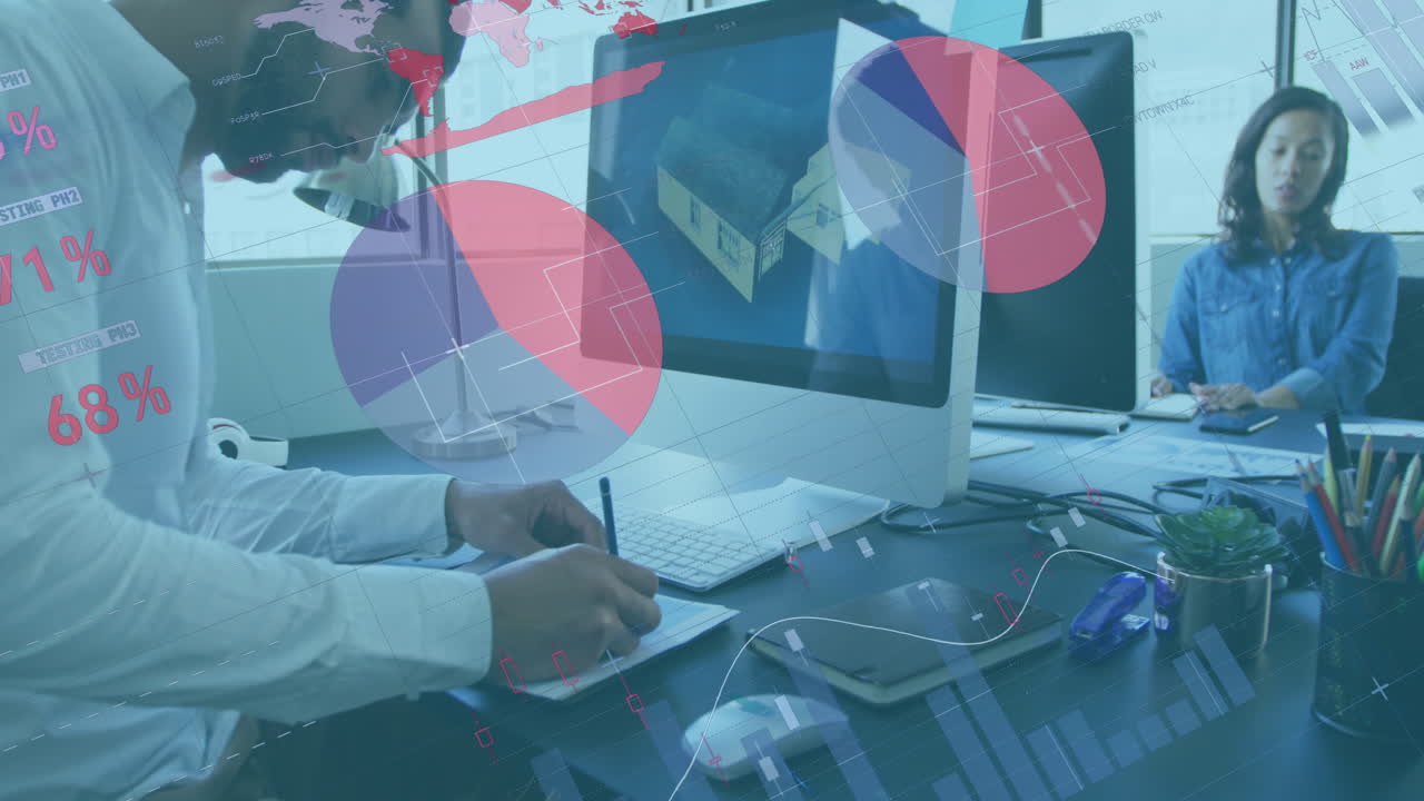 Animation of statistical data processing against biracial man sitting on his taking notes at office