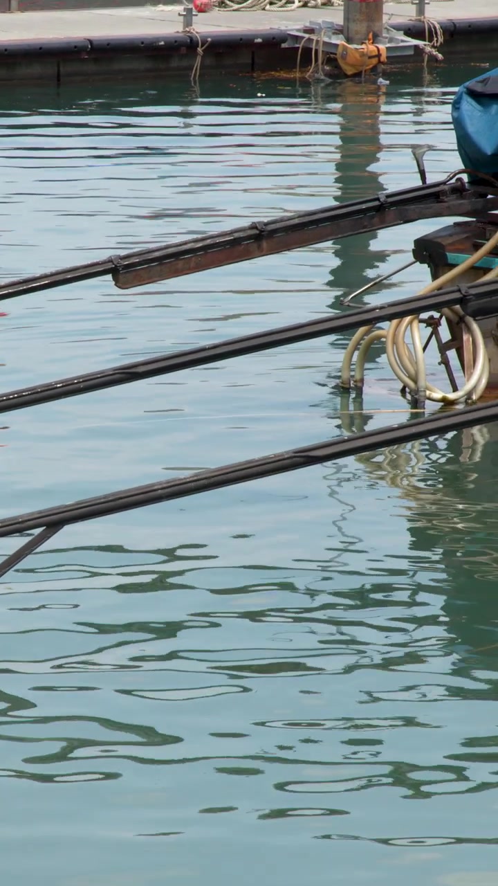 Statisk halvtotalbillede af traditionelle thailandske bådmotorer og propeller ved en tropisk marinahavn.
