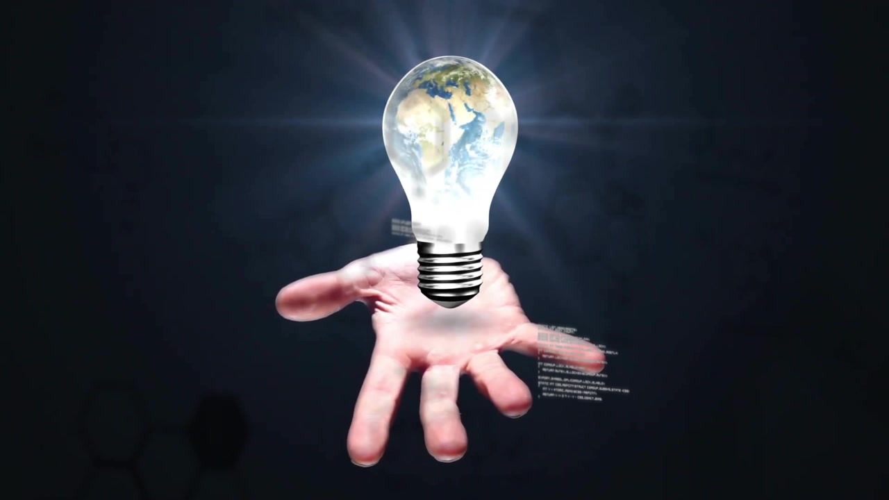 Animazione di una mano con un mappamondo in una lampadina, su elaborazione dati e sfondo nero.