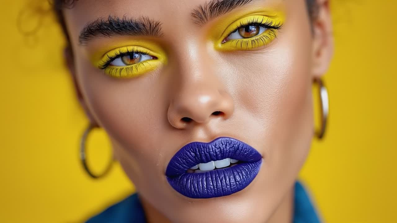 A woman with bright yellow eyes and blue lipstick