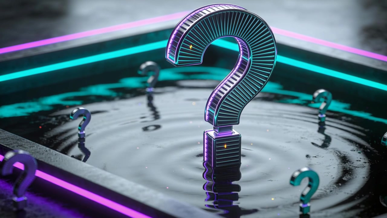 Shifting cam revealing metal question mark upright in studio basin showing rippling liquid neon rim