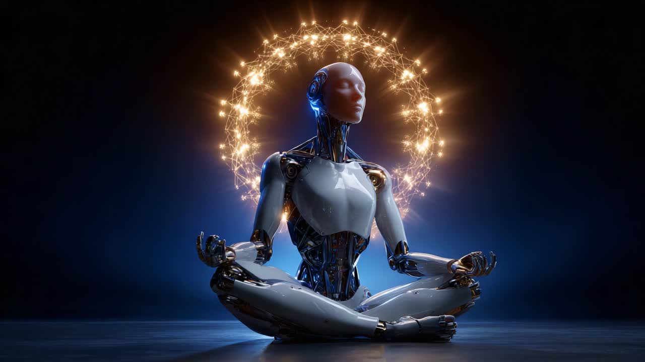 Una figura robotica futuristica che medita in un ambiente sereno, circondata da un alone radioso di luci, a simboleggiare la fusione tra tecnologia e tranquillità