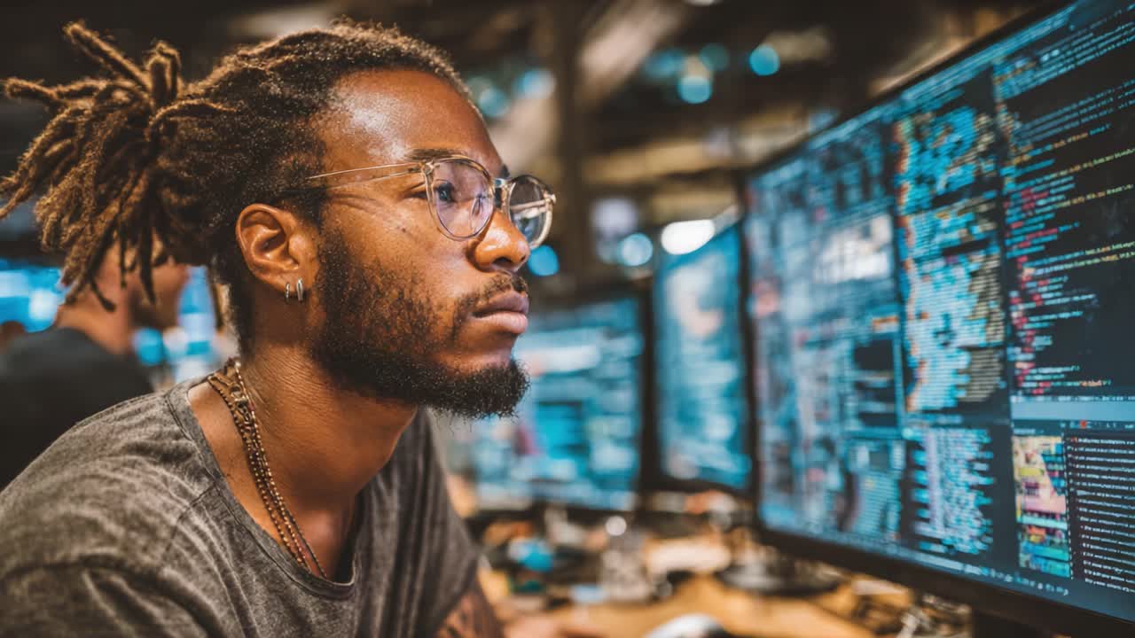 Focused Programmer Analyzing Complex Code on Multiple Monitors in a Tech-Driven Environment
