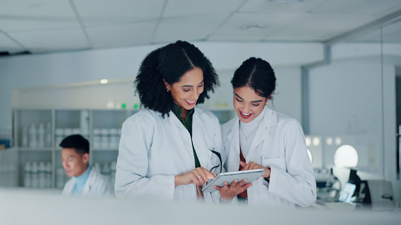 Scientist, teamwork and high five on tablet