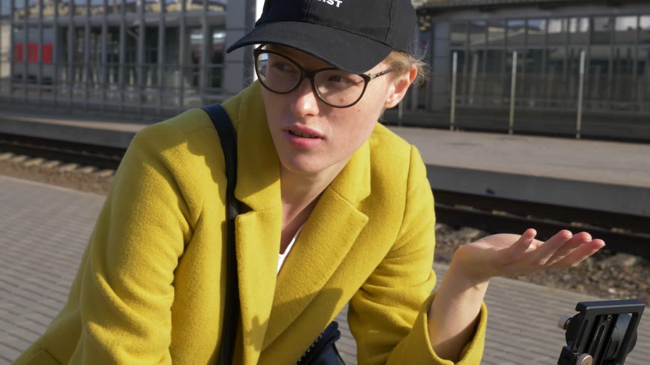 A young annoyed woman wearing cap with feminist sign and sitting on a bench in train station.