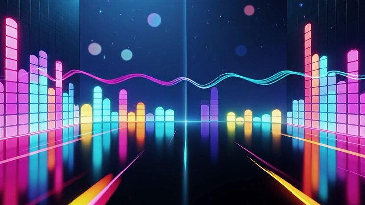 Sfondo visualizzatore equalizzatore musicale neon arcobaleno futuristico.