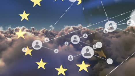 Animation-Des-Netzwerks-Von-Verbindungen-Mit-Symbolen-über-Der-Flagge-Der-Europäischen-Union-Und-Dem-Himmel