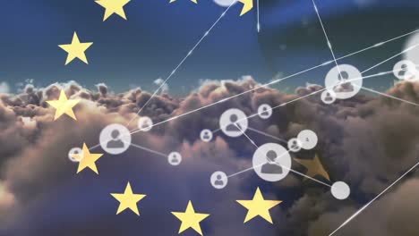 animation of network of connections with icons over flag of european union and sky