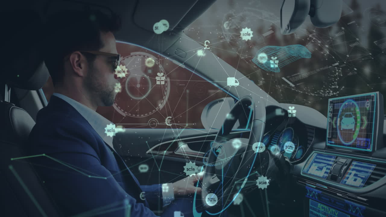 animación de pantallas de información e iconos con un hombre usando un coche de conducción autónoma